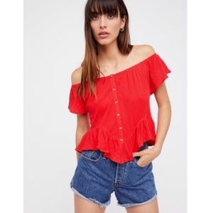 Free People Mind Julep Red Button Tee Shirt